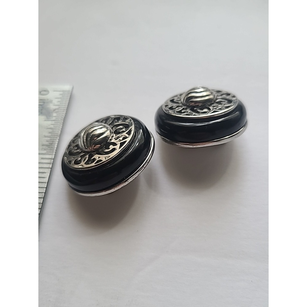 Vtg Silvertone And Black Earrings Clip on Button Filigree - Picture 4 of 5